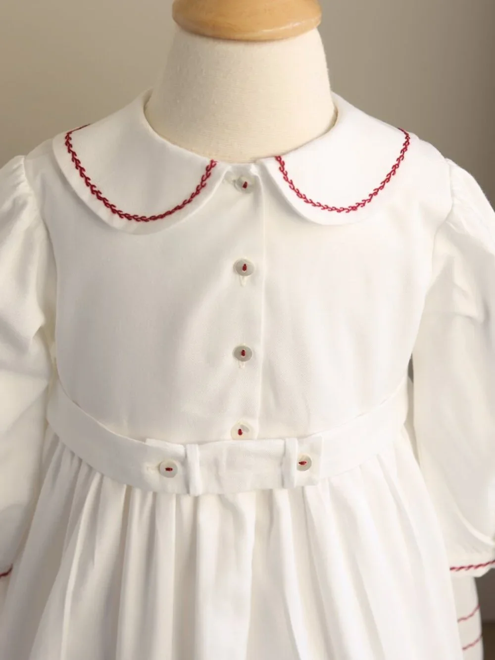 White Smocked Dress Long Sleeve Red Embroidery Sarah Louise PinTucks Size 2